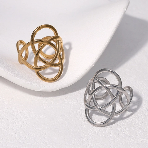 Anillo Hueco Geométrico Irregular Acero Inoxidable Chapado En Oro 18K Nudo Celta Joyería De Mano Ajustable Para Mujeres