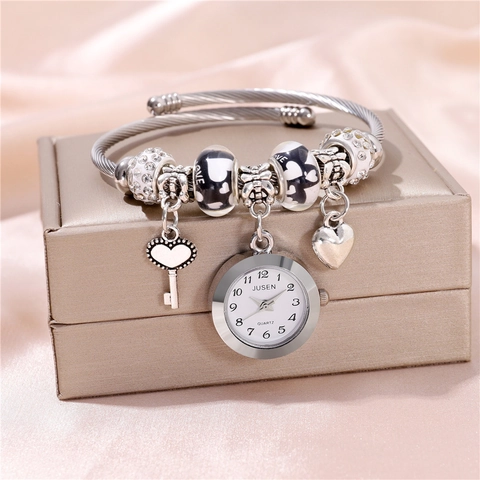 Elegant Alloy Silver Beaded Charm Bracelet Watch For Women Rhinestone Heart Key Pendant Quartz Watch Fashion Jewelry Gift