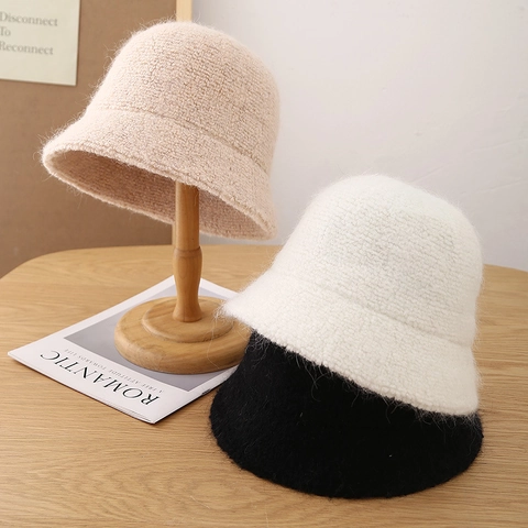 Women Wool Blend Plush Bucket Hat Warm Thick Winter Retro Solid Color Minimalist Fisherman Cap