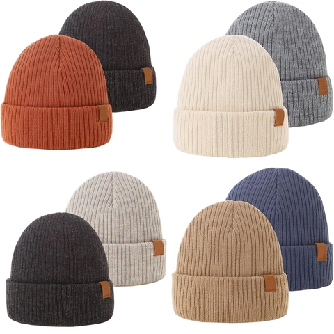 Unisex Winter Warm Ribbed Knit Beanie Hat Thick Double Layer Elastic Acrylic Solid Color Skull Cap With Leather Patch