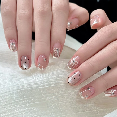 Press On Nails Short Square Pink Gradient White Bow Silver Cat Eye Black Polka Dots Rhinestone Accents Artificial False Nails