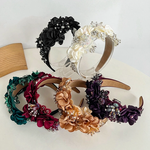 Handmade Stereoscopic Satin Flower Rhinestone Headband Luxury Crystal Beaded Padded Hair Band For Women Wedding Party