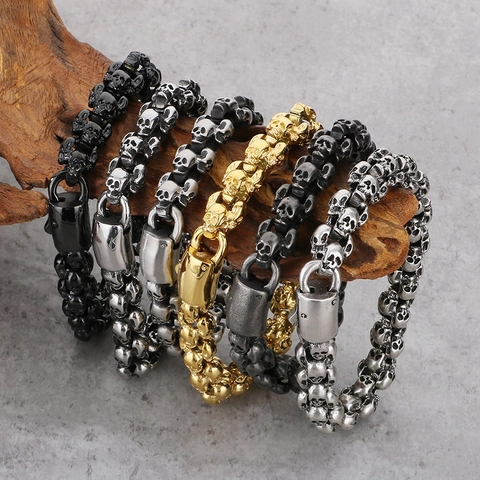 Pulsera De Cadena De Calavera Gótica Acero Inoxidable 316L Retro Punk Biker Joyería Hombre Esqueleto