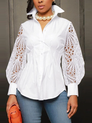 Witte Blouse Shirt Kant Hol Patchwork Lange Lantaarnmouwen Slim Fit Button Down Elegant Revers Top Voor Dames