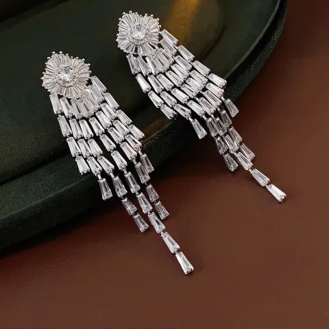Long Tassel Drop Earrings With Zircon And Silver Earring Post Geometric Luxury Wedding Party Jewelry For Women