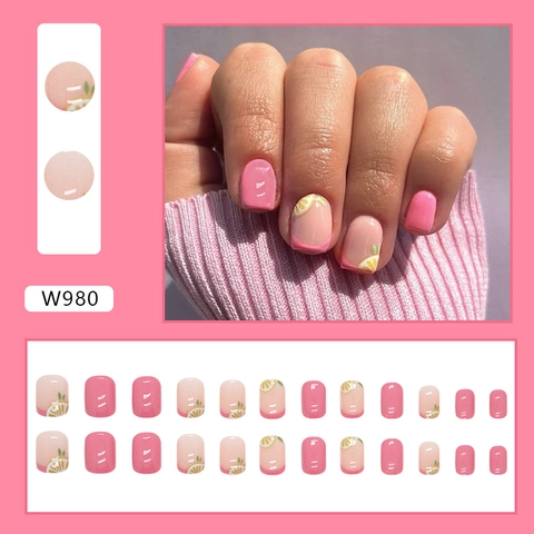Faux Ongles Roses Courts Et Ronds Avec Motif Citron D'Été Style Doux Et Frais Pour Femmes