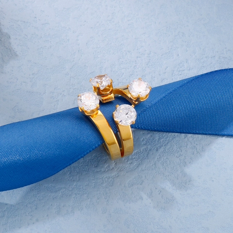 Roestvrijstalen Ring Met Zirkonia 18K Verguld Dubbele Rij Open Verstelbaar Mode Sieraden Geometrisch Voor Dames
