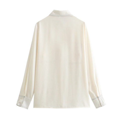 Damen Hemdbluse Langarm Polyester Kontrastnähte Reverskragen Lässige Bluse Mit Brusttaschen
