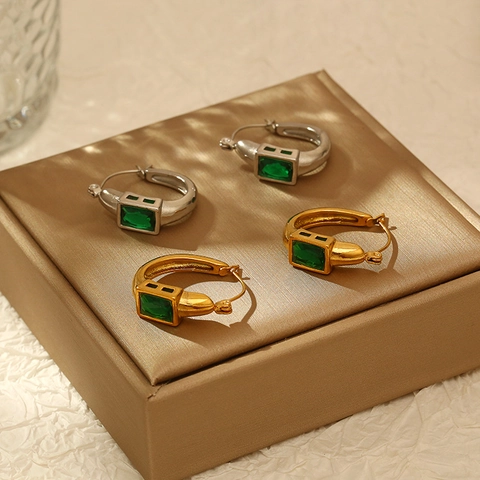 Pendientes De Aro En Forma De U Acero Inoxidable Chapado En Oro De 18K Circón Verde Cuadrado Moda Geométrica Mujer