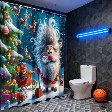 Kerst Douchegordijn Waterdichte Polyester Stof Met Haken Kerstman Rendier 3D Cartoon Badkamer Decoratie