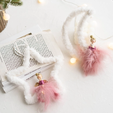 Creative Plush Christmas Hanging Ornaments Star Moon Heart Frame With Resin Gnome Fairy Angel Feather Skirt For Tree Decor