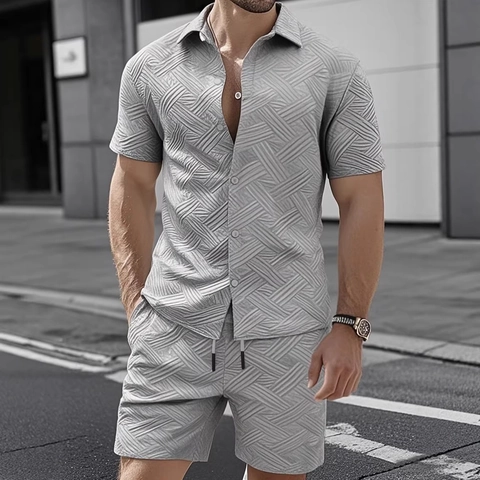 Chemise Manches Courtes Et Short Homme Jacquard Texturé Gaufre Été Décontracté Revers Boutonné Polyester Élasthanne Vêtements