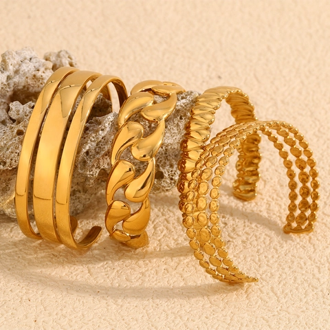 Brazalete Minimalista De Acero Inoxidable Chapado En Oro De 18K Geométrico Gota De Agua Multicapa Ajustable Joyería