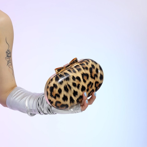 Leopard Print Clutch Bag For Women Vintage Hard Shell Evening Handbag With Bow Knot Lock And Metal Chain Strap