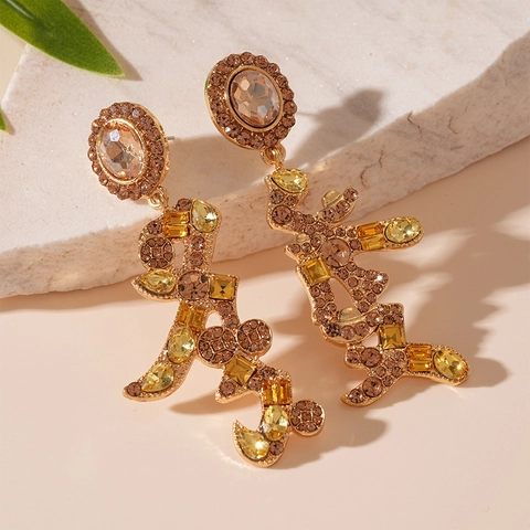 Chinese Style Wealth Character Drop Earrings Copper Alloy Rhinestone With 925 Sterling Silver Earring Post For Women