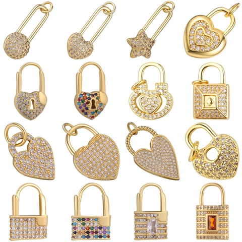 DIY Charms Pendants Copper Micro Pave Zircon Heart Lock Star Key Safety Pin For Jewelry Making