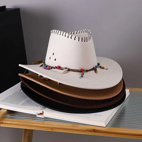 Western Cowboy Hat Felt Faux Suede Wide Brim With Bohemian Beads Shell Decor Outdoor Sun Protection Adjustable Chin Strap
