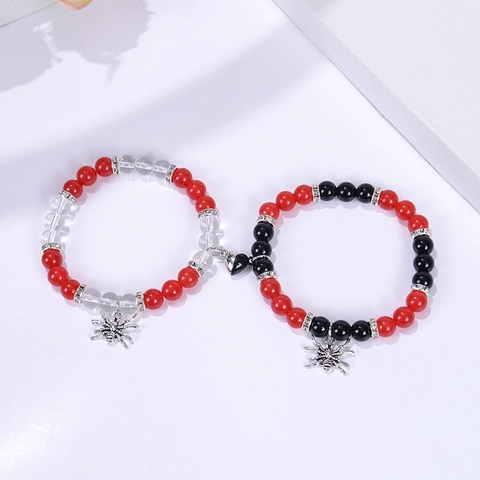 Natural Stone Obsidian Beaded Bracelets Magnetic Heart Clasp Alloy Spider Halloween Gothic Jewelry Couples Friendship