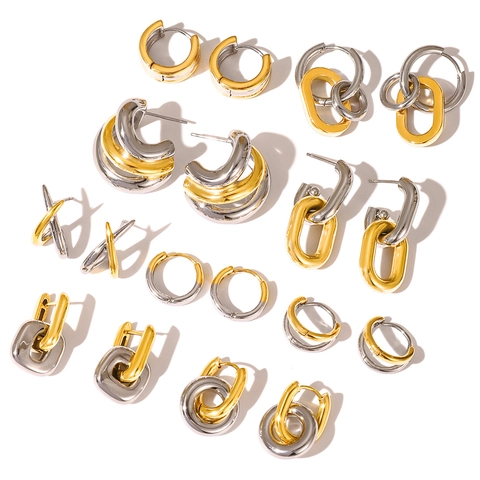 Luxury Stainless Steel Two-tone Hoop Earrings For Women Waterproof Hypoallergenic Gold Silver Plated Geometric Jewelry Gift
