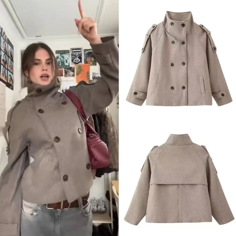 Women Short Woolen Texture Jacket Double Breasted Stand Collar Solid Color Elegant Outerwear Coat With Epaulettes