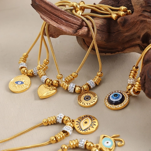 Bracciale Con Charm Occhio Del Diavolo Cuore Acciaio Al Titanio Placcato Oro 18K Smalto Zircone Regolabile Catena A Serpente Donne