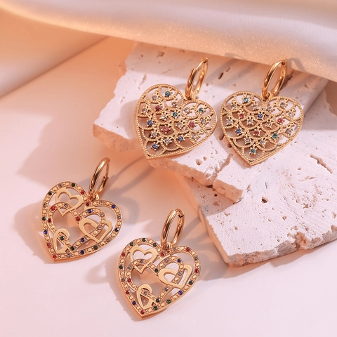 Vintage Heart Drop Earrings Titanium Steel Gold Plated Colorful Zircon Hollow Geometric Dangle Jewelry For Women