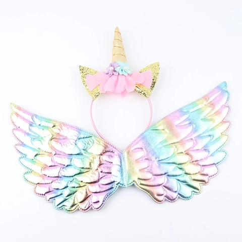 Unicorn Rainbow Wings And Headband Metallic PU Leather Sequin Kids Girls Birthday Party Cosplay Costume Performance