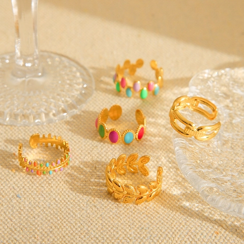 Colorful Enamel Drip Oil Open Rings 18K Gold Plated Stainless Steel Waterproof Non Fading Ins Style Geometric Jewelry For Women