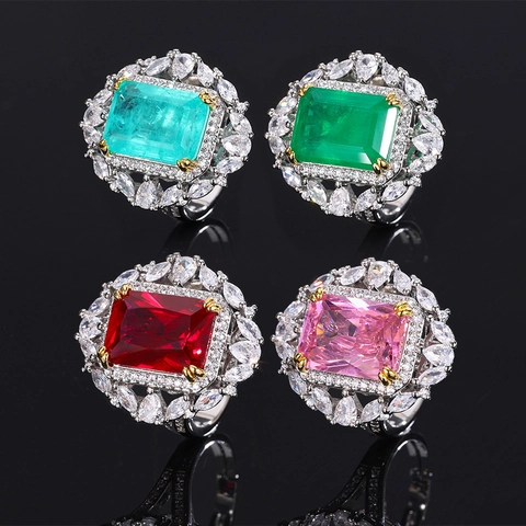 Luxurious Rectangle Zirconia Ring For Women Vintage Geometric Emerald Ruby Paraiba Style Cocktail Party Fashion Jewelry