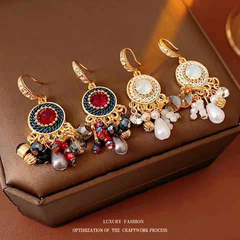 Boucles D Oreilles Pendantes Vintage Ethnique Künstliche Perle Tassel Cuivre Strass Avec Tige En Acier Pour Femme