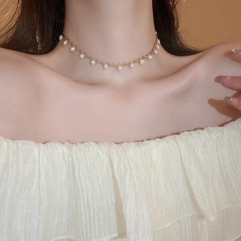 Gold Plated Copper Wavy Twisted Chain Choker Necklace With Imitation Artificial Pearls Elegant Vintage Jewelry For Women