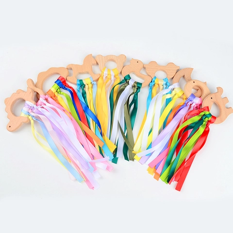 Baby Sensory Ribbon Rattle Toy Natural Beech Wood Teether Montessori Waldorf Style Grasping Training Rainbow Hand Bell