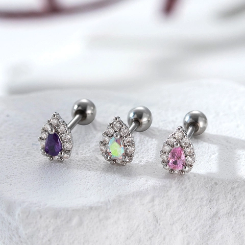 Water Drop Cartilage Stud Earrings Titanium Steel Cubic Zirconia Inlay Ball Screw Back Piercing Jewelry For Women