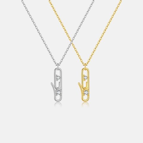 925 Sterling Silver Paperclip Pendant Necklace Elegant Geometric Rhinestone Inlaid Chain Necklace For Women Fashion Jewelry