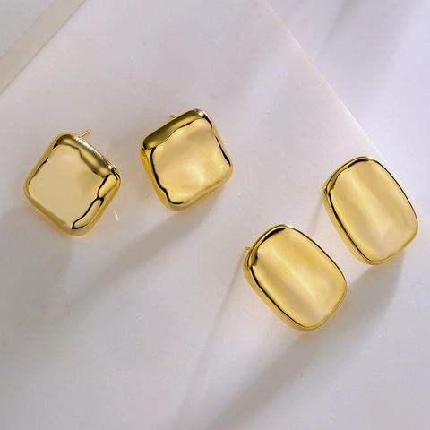 Boucles D'oreilles Puces Géométriques Minimalistes Cuivre Plaqué Or Véritable Carrées Rectangulaires Lisses Polies Bijoux Pour Femmes