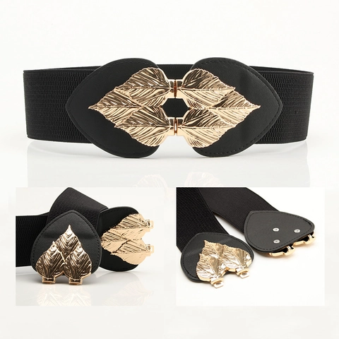 Women Elastic Waist Belt Gold Leaf Metal Buckle Stretch Cinch Waistband For Dresses PU Leather Retro Fashion Accessories