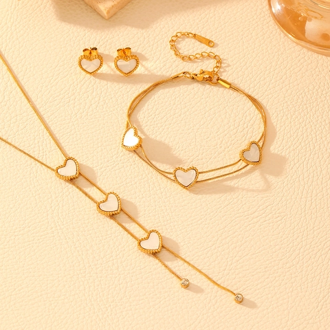 Collar Pulsera Y Pendientes Acero Inoxidable Chapado Oro 18K Corazón Nácar Conjunto De Joyas Para Mujer