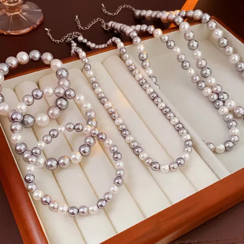 Elegant Grey And White Artificial Pearl Necklace For Women Alloy Lobster Clasp Simple Minimalist Commuter Office Jewelry Accessory