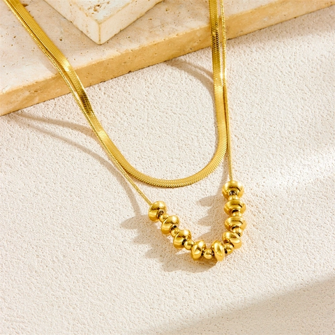 Double Layer Necklace 18K Gold Plated Stainless Steel Flat Snake Chain With Geometric Oval Bead Accents For Women Trendy