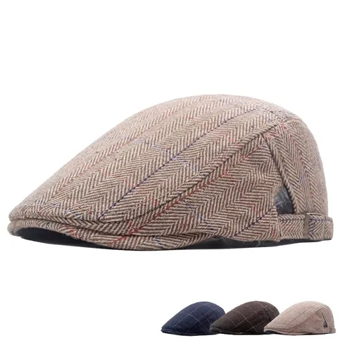 Men Newsboy Cap British Retro Herringbone Tweed Adjustable Warm Beret Casual Flat Hat For Autumn And Winter