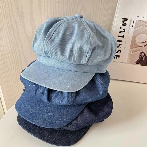 Women Denim Newsboy Cap Retro Octagonal Hat Casual Solid Color Washed Cotton Beret Painter Cap Fashion