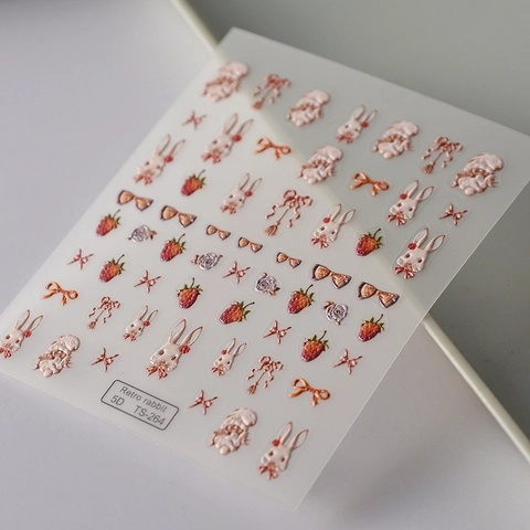 5D Geprägte Nagelkunst Aufkleber Retro Kaninchen Rokoko Erdbeere Herz Nagelsticker Süßer Stil