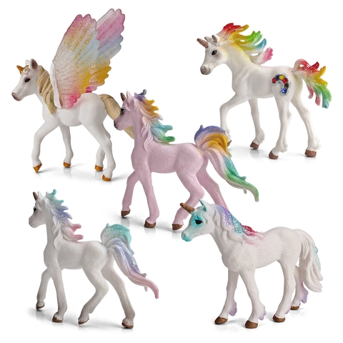 Realistic Unicorn Pegasus Animal Model Figures Rainbow Mane Glitter Wings Plastic Mythical Creature Decoration Toy For Kids