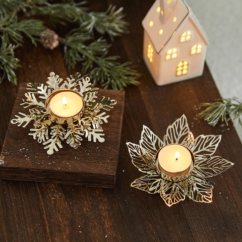 Portacandele Tealight In Metallo Dorato Design Foglia Fiocco Di Neve Cavo Natale Matrimonio Ornamento Da Scrivania Decorazione Per Casa
