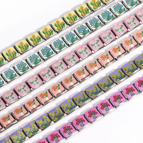 Italian Charm Bracelet Stainless Steel Modular Link Floral Flower Print Stretchable Snap-Fit Jewelry For Women Men DIY
