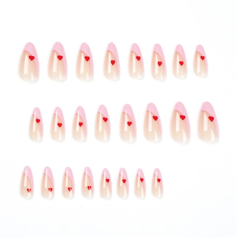 Sweet Style Roze French Tip Amandel Press On Nagels Met Rood Hartpatroon Glanzende Elegante Manicure Voor Vrouwen