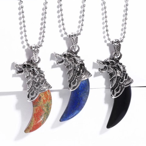 Retro Wolf Head Tooth Pendant Necklace Copper Natural Stone Punk Gothic Style Jewelry For Men Women