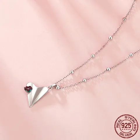 Papierflieger Halskette 925 Sterling Silber Mit Herz Buntem Edelstein Perlenkette Origami Reiseschmuck Damen