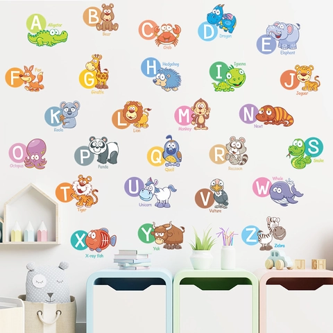 Pegatinas De Pared Del Alfabeto De Animales De Dibujos Animados A-Z Calcomanías Educativas De PVC Para Niños