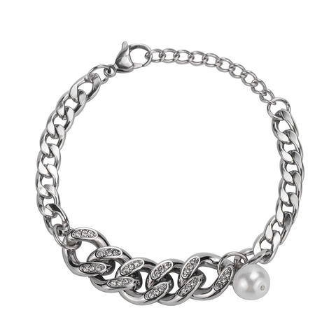 Set Gioielli Catena a Maglie Cubane in Acciaio Inossidabile Con Perla Artificiale e Strass Collana Bracciale Hip Hop per Uomo Donna